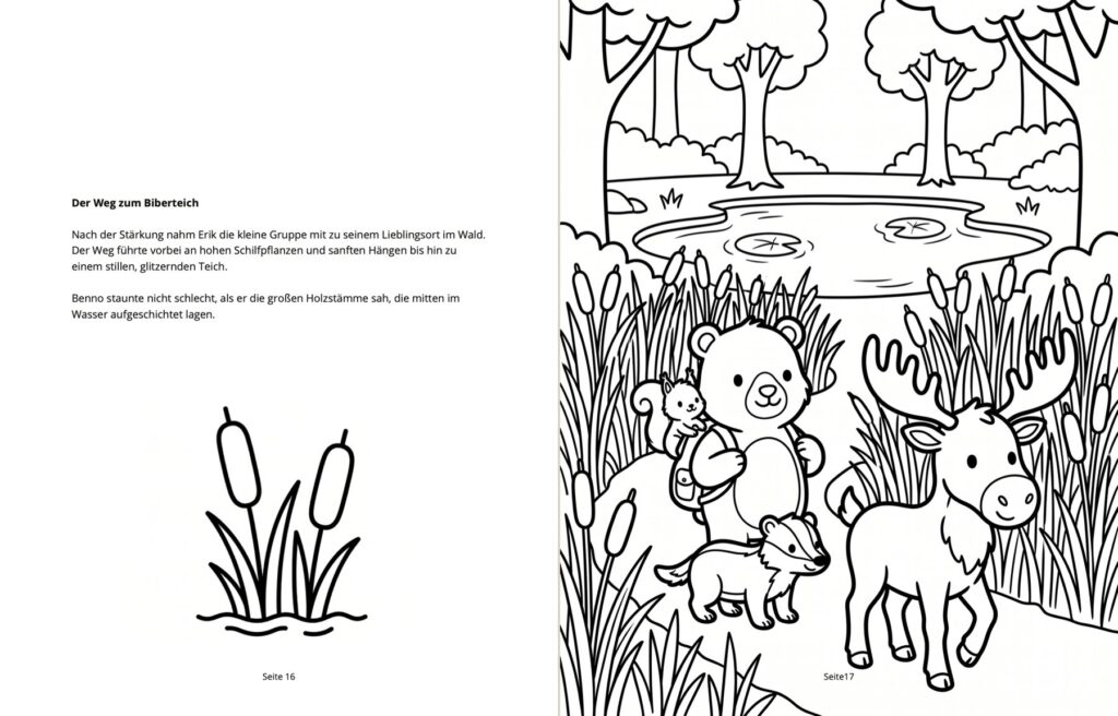 Doppelseite aus dem Buch: links die Geschichte „Der Weg zum Biberteich“, rechts das Ausmalmotiv